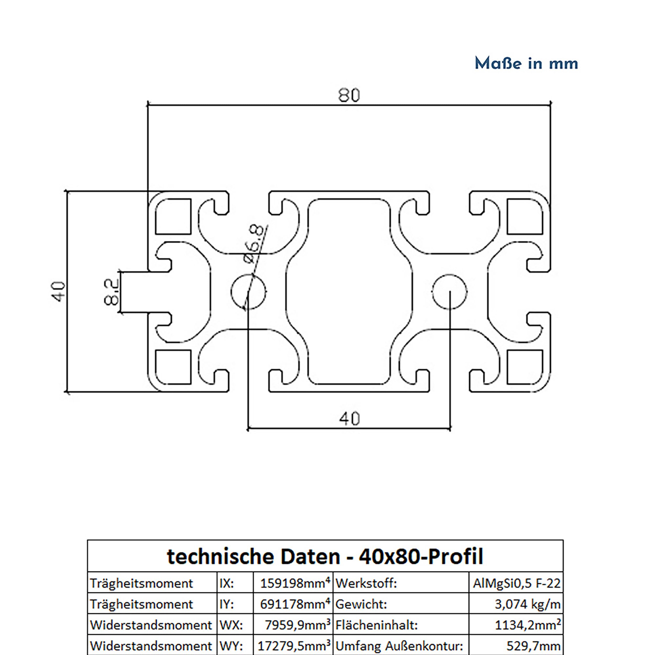 KLAK 40/80 - Aluprofil 40x80mm Nut 8 Aluminium Systemprofil Typ I 200cm 2000mm