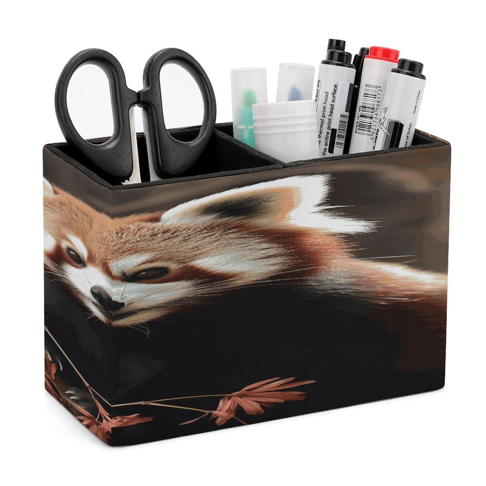 LDGSUPH Red Pandas Leather Pen Holder for Desk Organizer Caddy Large Pencil Cup Multi-function Pencil Holder Makeup Brush Holders Pen Organizer for Home Office Storage Box