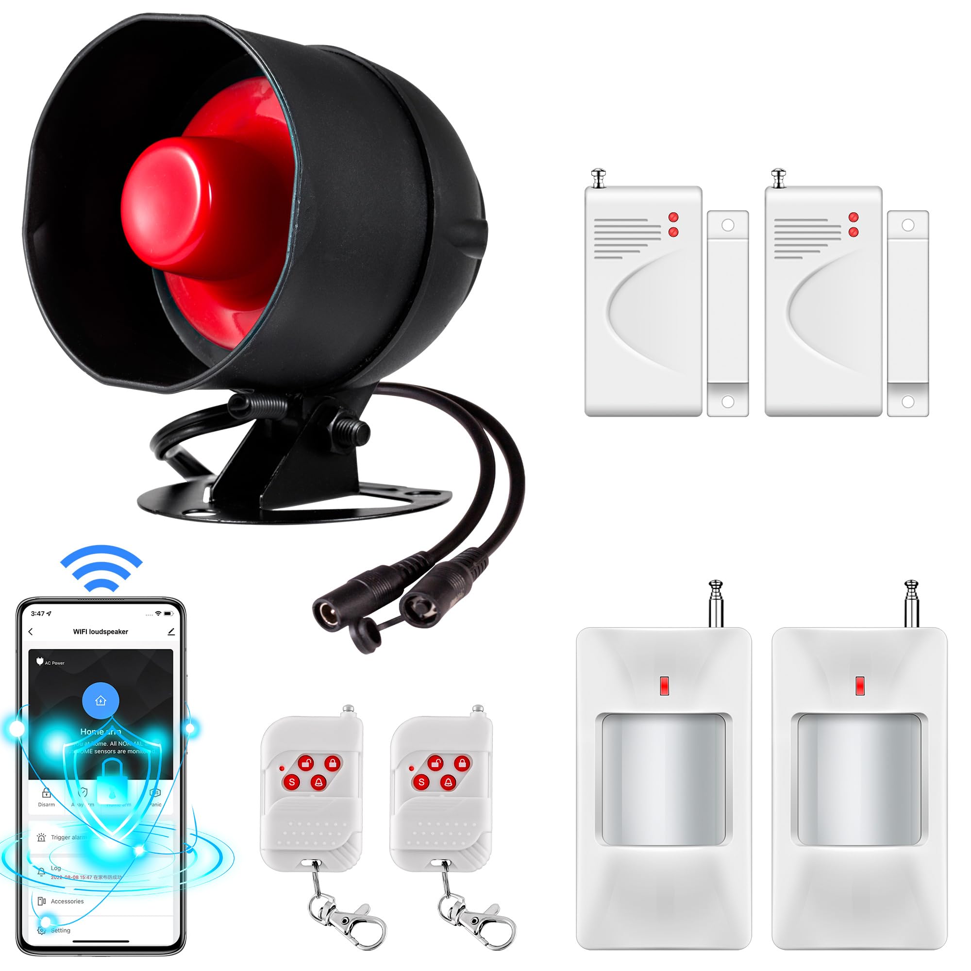 WiFi Alarmas para Casa Kit con Sirena de 115dB, Sensor de Movimiento, Sensor de Puerta y Ventana y Sistema de Alarma de Seguridad con Control Remoto