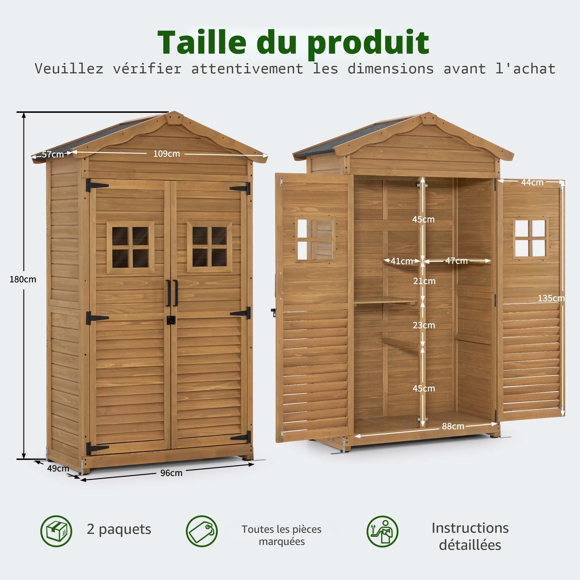 M MCombo Armoire de Jardin Abri de Jardin en Bois résistant aux intempéries, Armoire à Outils Outdoor, Remise à Outils avec 2 étagères Mobiles, 57×109×180 cm, 1152 (Nature)