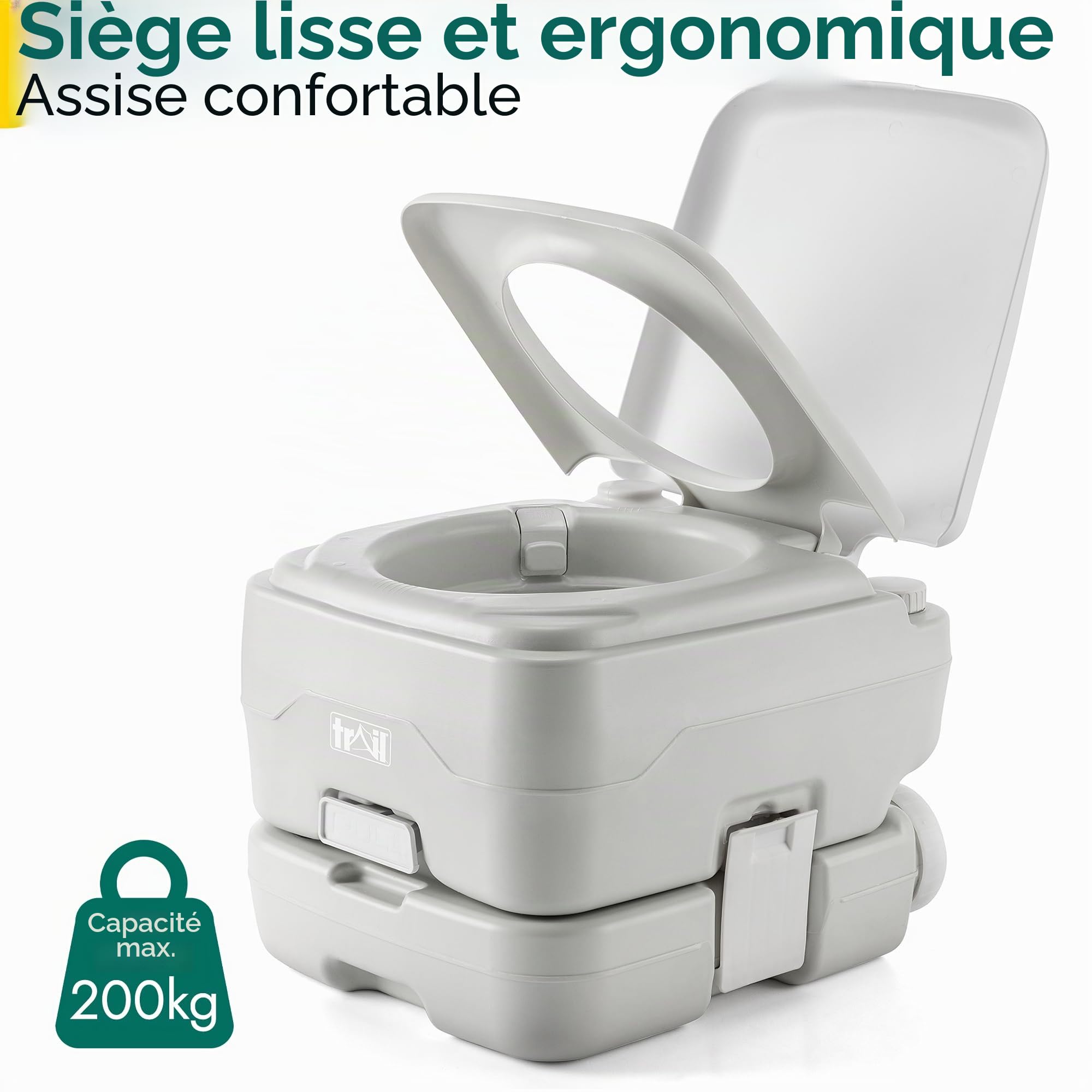 Trail Toilette Portable, Toilette Camping avec Chasse d'Eau et Grand Réservoir Détachable (10 L/20 L), Vanne à Guillotine Hygiénique Avec Double Joint pour Prévenir les Odeurs