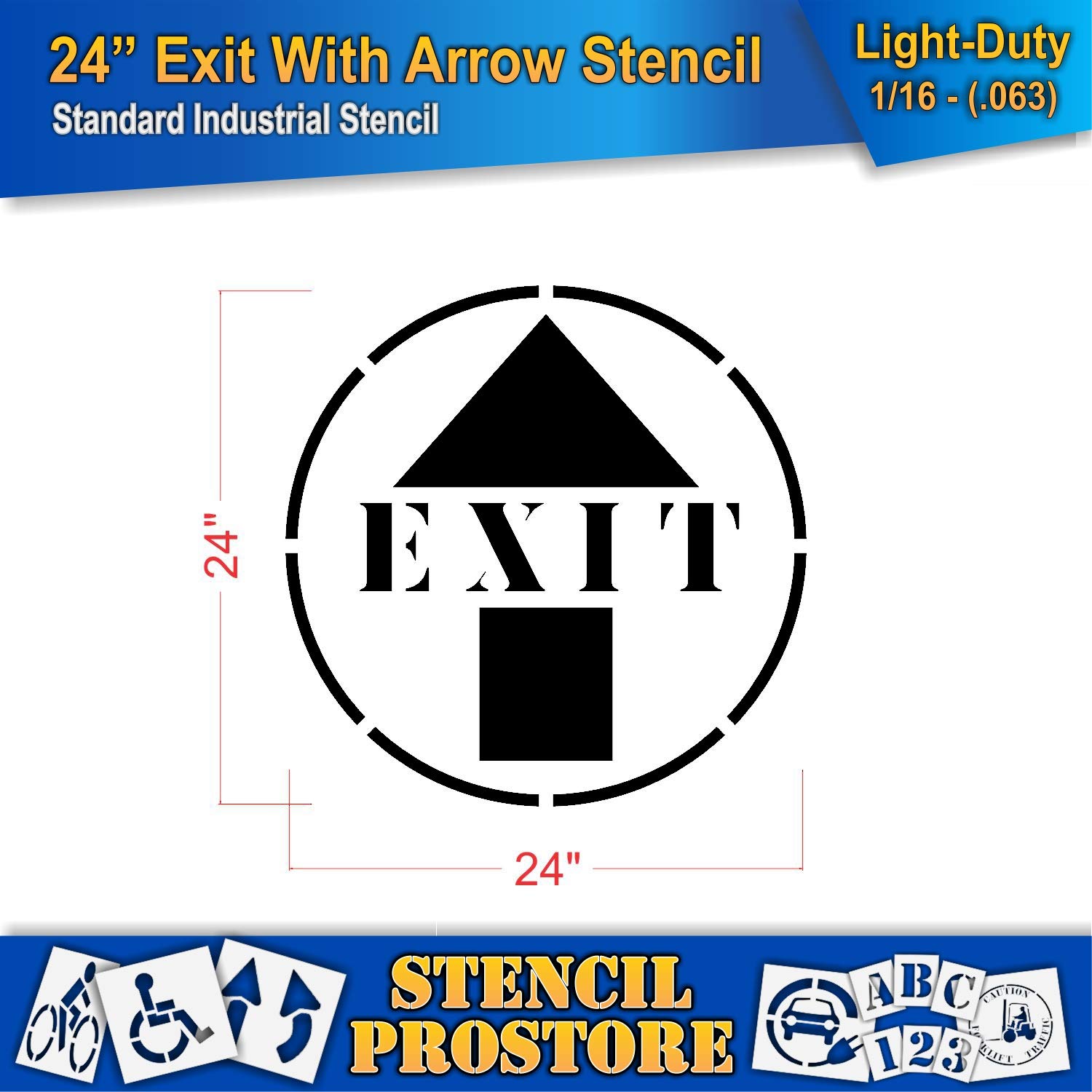 Safety Floor Marking Stencil - 24 inch EXIT with Arrow Stencil - 24'' x 24'' x 1/16'' (63 mil) - Light-Duty