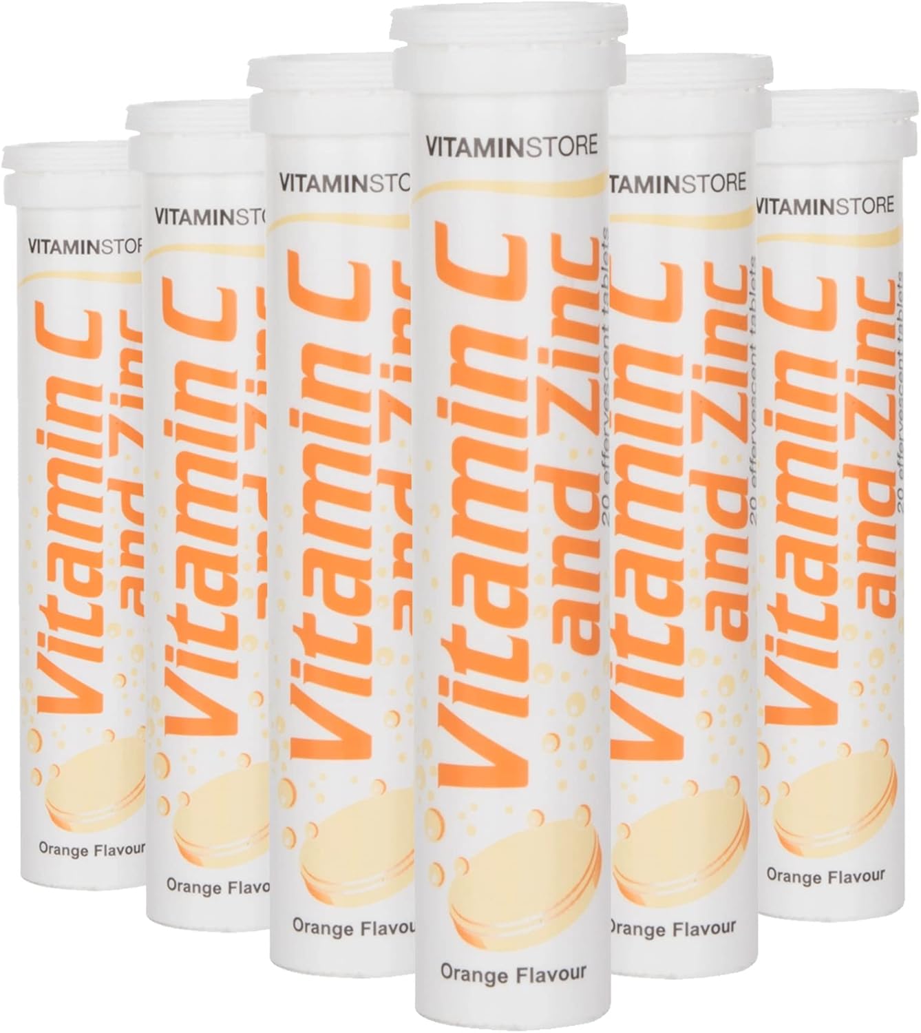 Vitamin Store Vitamin C and Zinc Effervescent Tablets, Orange Flavoured, Suitable for Vegans, 6 Packs of 20