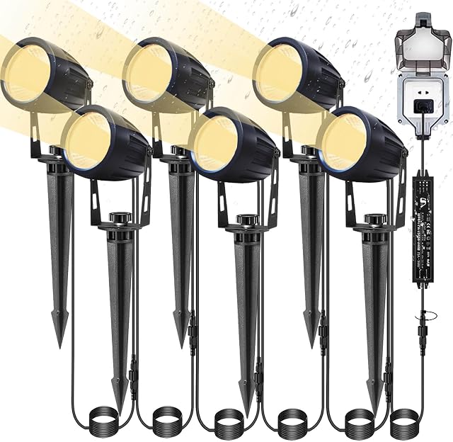 Low Voltage Landscape Lighting 6 Pack, 12V LED Outdoor Landscape Spotlights Outside Graden Pathway Lights, Plug in Spot Lights with Waterproof Transformer for House Yard Flag Tree Lawn Decor