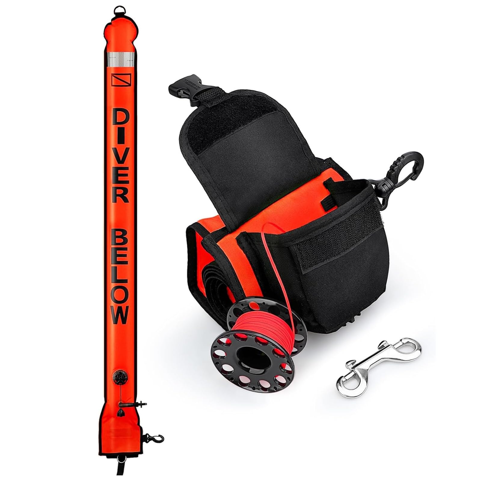 Lot de bouées de marquage de surfaces et moulinet de plongée, tube de signalisation, flotteur gonflable à fond ouvert avec sac de rangement, bouées de marquage et moulinet de plongée