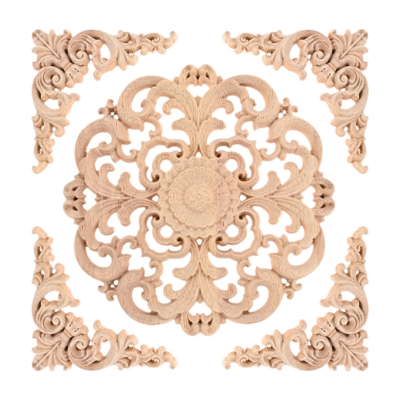 Paquet de 5 appliques en bois fleur sculptee faciles a peindre et coller