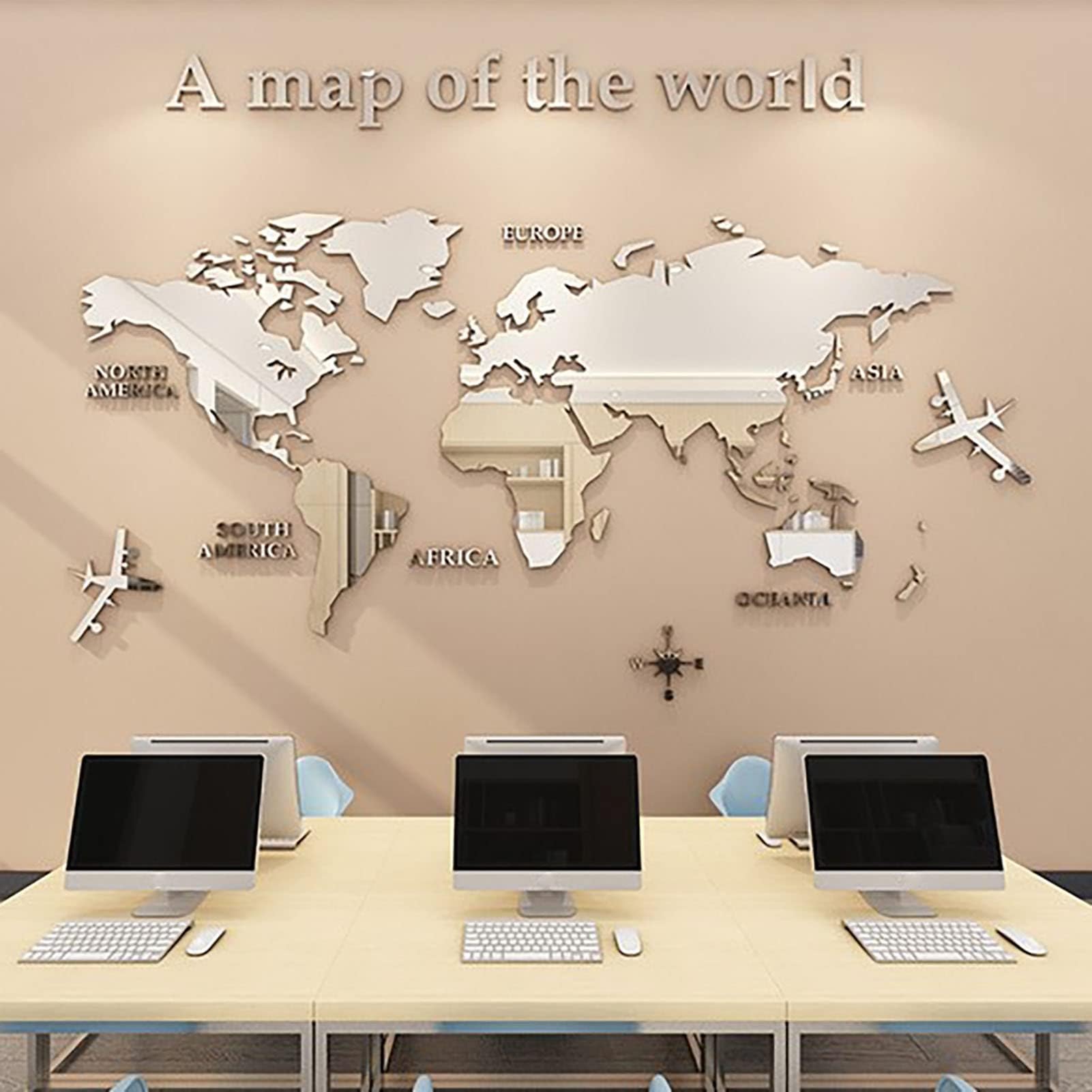 Mappa del Mondo 3D Adesivi Murali a Specchio Acrilico Argento Riflettente Peel and Stick per Soggiorno Camera da Letto