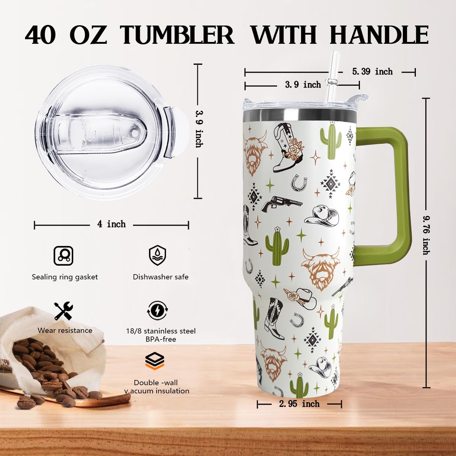 Ceovfoi 40 Oz Western Tumbler With Handle, Cow Skull Coffee Travel Mug Cup Water Bottle, Western Decor, Gifts for Women - Image 2