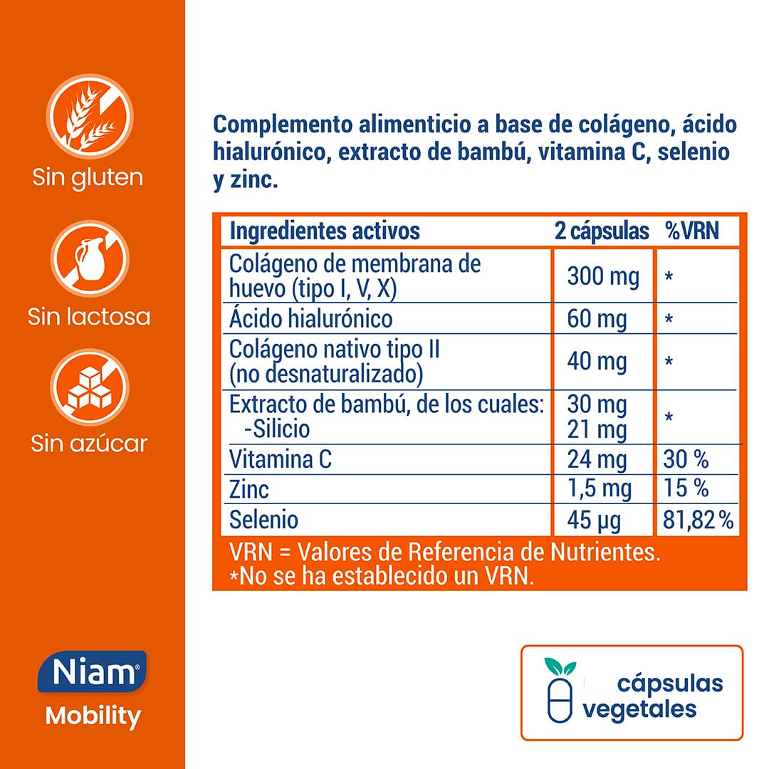 [Pack 2] Niam Mobility | Multi Colágeno para Articulaciones | 120 cápsulas | Colágeno tipo II, I, V y X con Ácido Hialurónico | Huesos, músculos, cartílago | Vitamina C, zinc y extracto de bambú