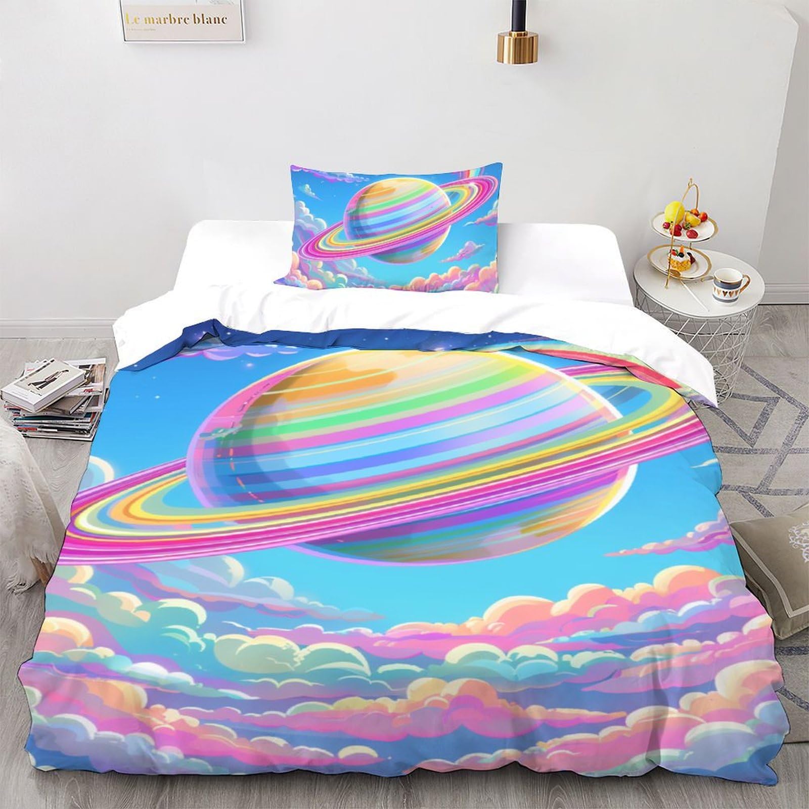 Parure de lit microfbre espace anti-plis housse de couette imprimé planète 135x200cm facile d'entretien