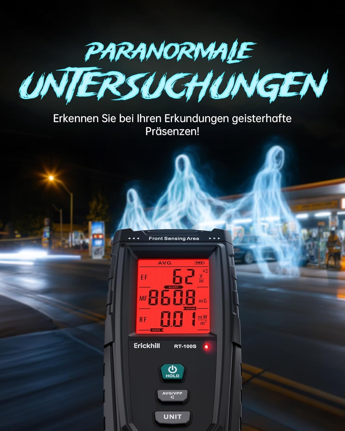 ERICKHILL EMF Messgerät RT-100S, EF/MF/RF-Prüfung, wiederaufladbarer magnetfeld, digitaler/Grafik-Dual-Interface-Strahlungsdetektor, digitaler LCD-Bildschirm, für Zuhause, Büro, Outdoor