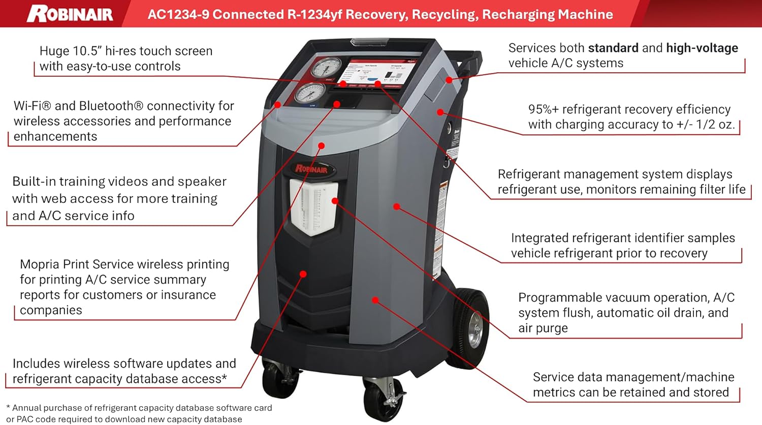 Robinair AC1234-9 Wi-Fi and Bluetooth Connected R-1234yf ACS Touchscreen Machine for Recycling, Refrigerant Recovery, and Recharging - Standard and High Voltage A/C System Compatible