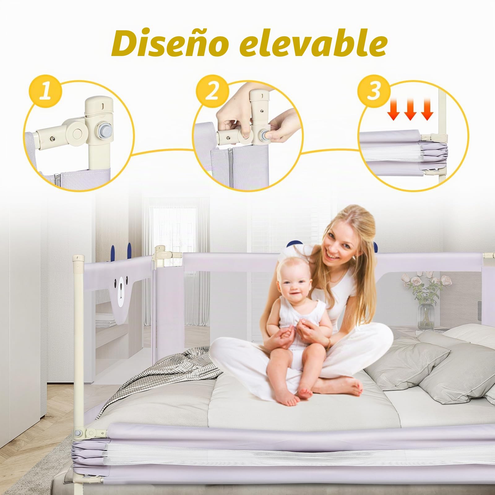 LANTUS Barrera Cama Infantil, Barandilla de Seguridad Cama de Niño Protección Cuna Bebé Guardería Dormitorio Habitación Protector Riel Barrera, Gris - 200 x 100 x 26 cm - Osito