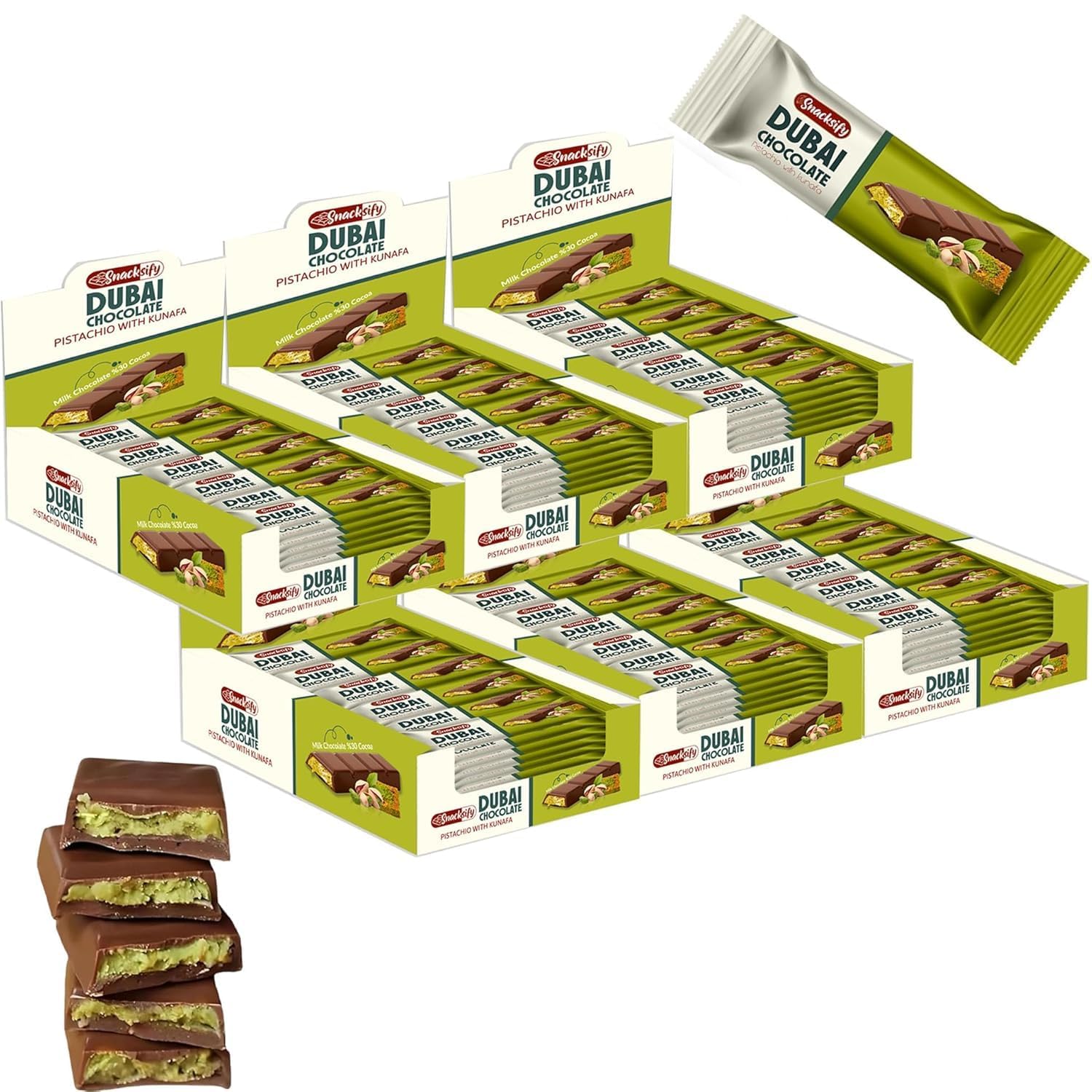 Mini Dubai Chocolate (Pack of 144) Kunafa Pistachio Bar- 27gr Total 1.43 pounds.-, Perfect for Gifting, Fresh Daily Production 24 Pieces Dubai