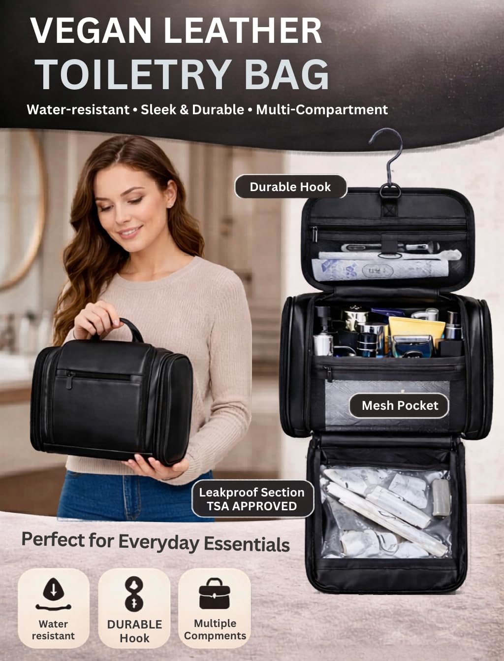 Photo 1 of TUCKR Leather Toiletry Bag - Black Travel Dopp Kit