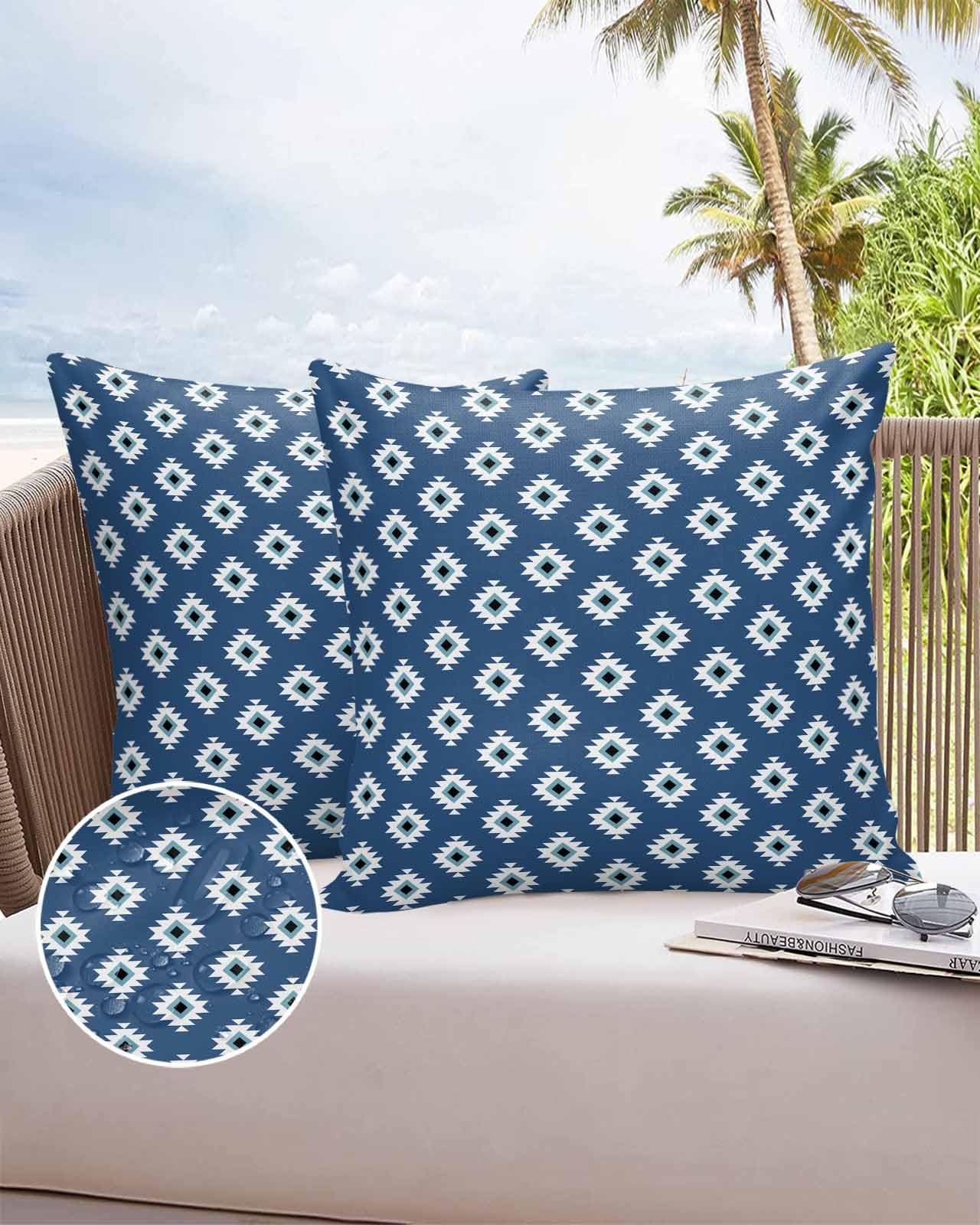 OComster Outdoor Pillow Covers Waterproof, Boho Blue Texture Farmhouse Throw Pillowcase Decorative Cover, Abstract Geometric Garden Cushion Case Set of 2 for Sofa, Couch, Tent, Patio 16