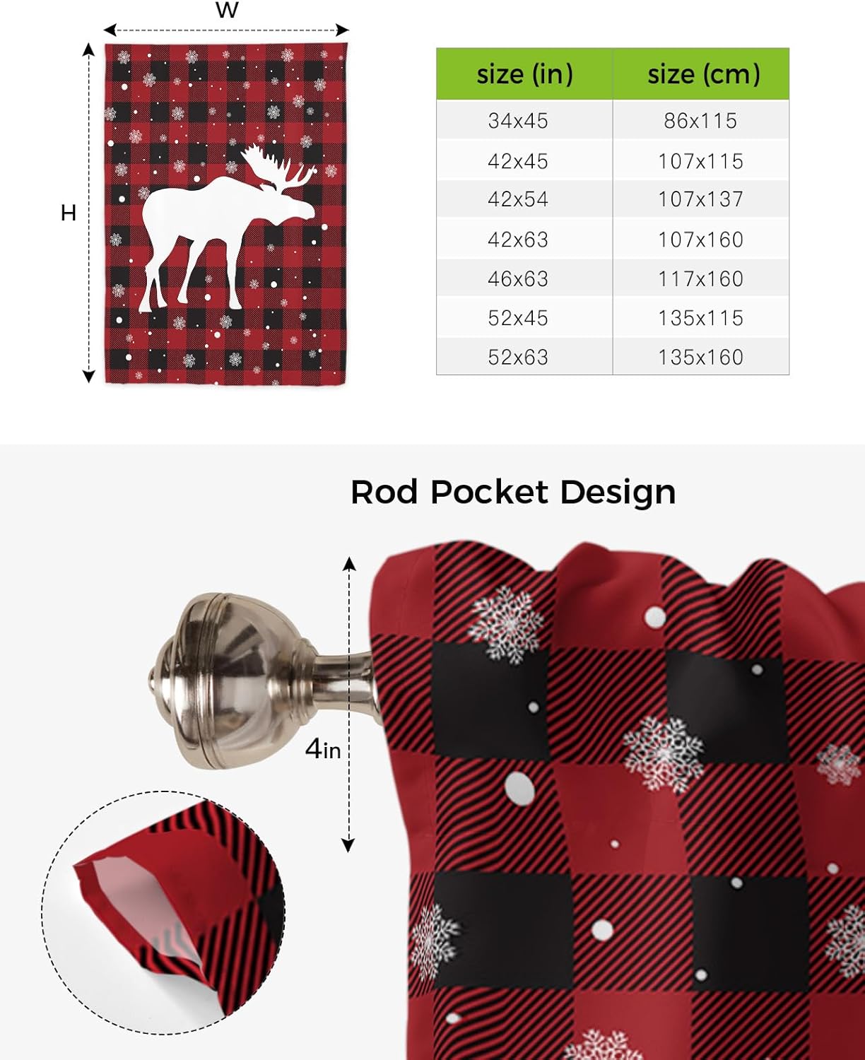 YOKOU Bow Look Tie Up Balloon Curtain, Christmas Elk Snowflake Red Black Buffalo Adjustable Rod Pocket Window Shades Drape for Living Room, Bedroom，Kitchen 1 pcs 52 x63 inch