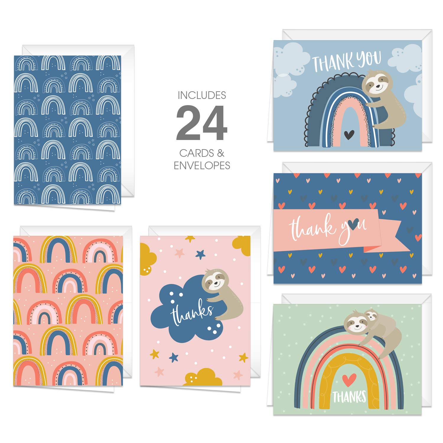 Dankeskarten mit fröhlichem Regenbogen- und Faultier-Design, 24 bunte Dankeskarten und Umschläge, 6 niedliche Designs