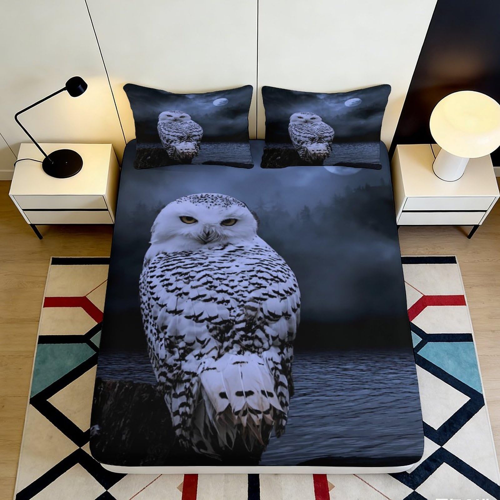 3D Printed Snowy Owl Fitted Sheet Microfiber Soft Dark Artistic Owl Mattress Cover Bedroom Dorm Decor Easy Care 90x200x25cm