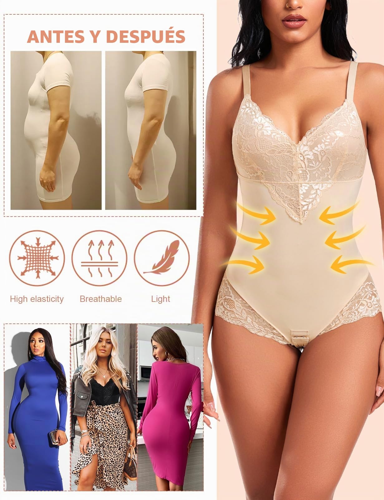 Body Moldeador Mujer Faja Reductora de Encaje Body Shapewear de Control de Abdomen Escote V Bodysuit Moldeador Reductor Colombianas Posparto Invisible Shapewear