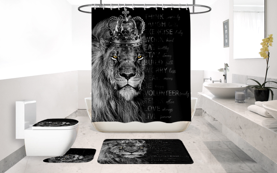 Wild Lion Couple Shower Curtain 72x84 - Red Rose Floral With Gold Crown Design, Waterproof Bathroom Decor For Valentine's Day, Girls, Couples