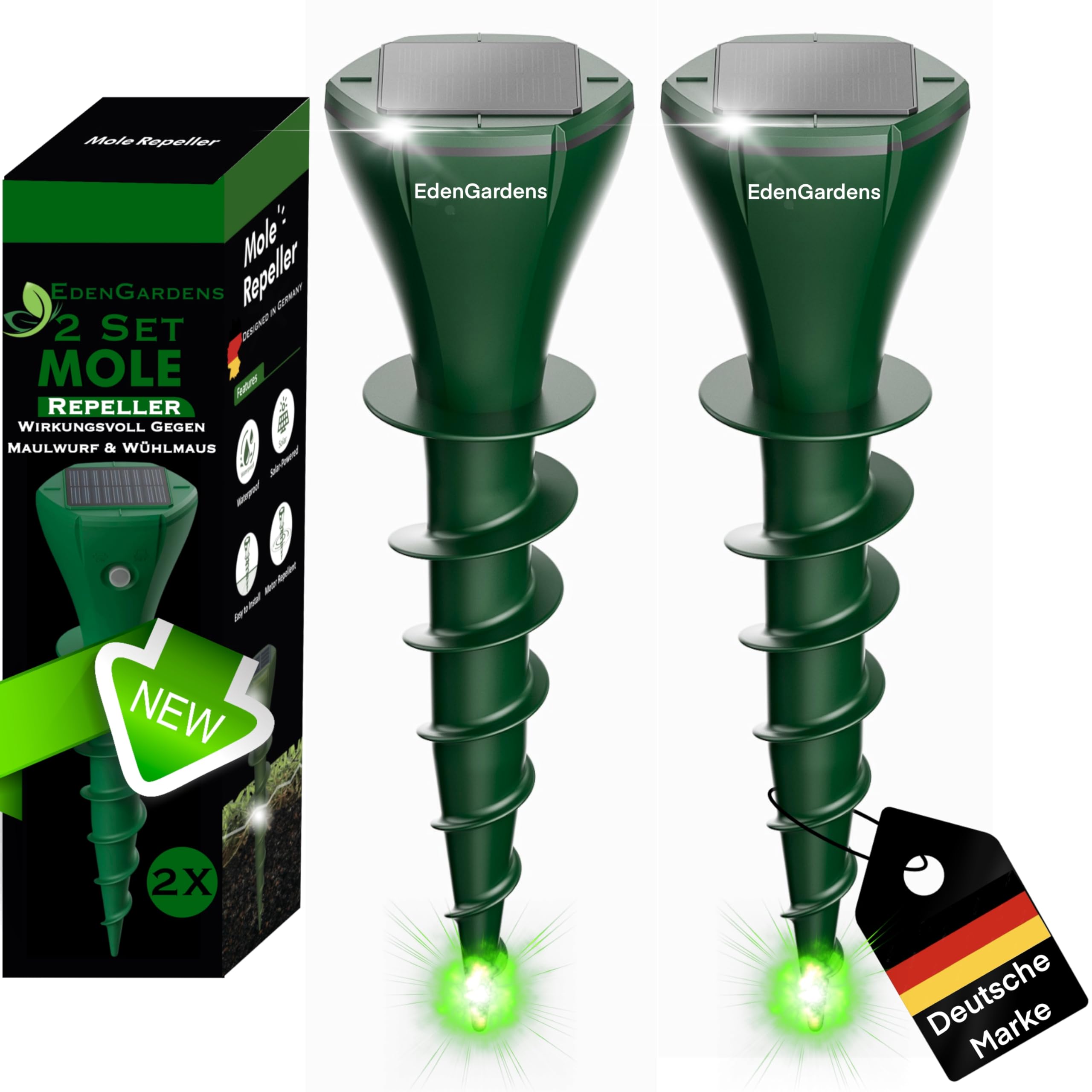 EdenGardens 2er Pack SOLAR MOLE Repeller Maulwurf Vertreiber bestes Mittel gegen Wühlmäuse & Maulwurf - Maulwurfschreck Maulwurf vertreiben