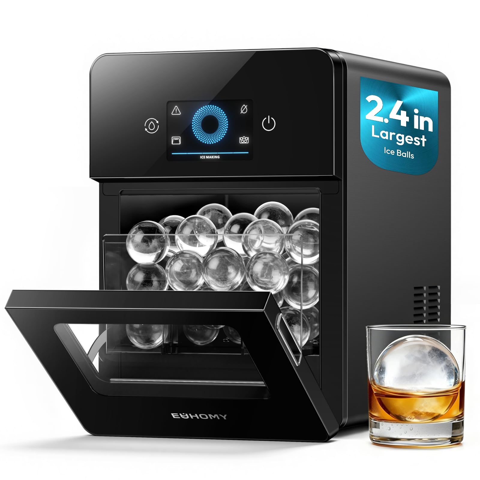 EUHOMY Máquina de Hielo Esférico Autolimpiante, Fabricador de Hielo en Bolas Grandes, 108 Hielos/Día, Ice Maker para Cócteles y Bebidas Premium Negra
