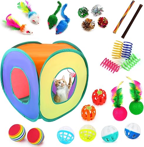 Kit de juguetes para gatos de 25 piezas con túnel de cubo arcoíris, paquete interactivo de juguete para gatos de interior, juego variado de gatitos