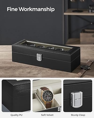 Miniatura 3 de SONGMICS Caja de reloj caja de reloj de 6 ranuras con tapa de cristal grande almohadas de reloj extraíbles organizador de caja de reloj regalo para