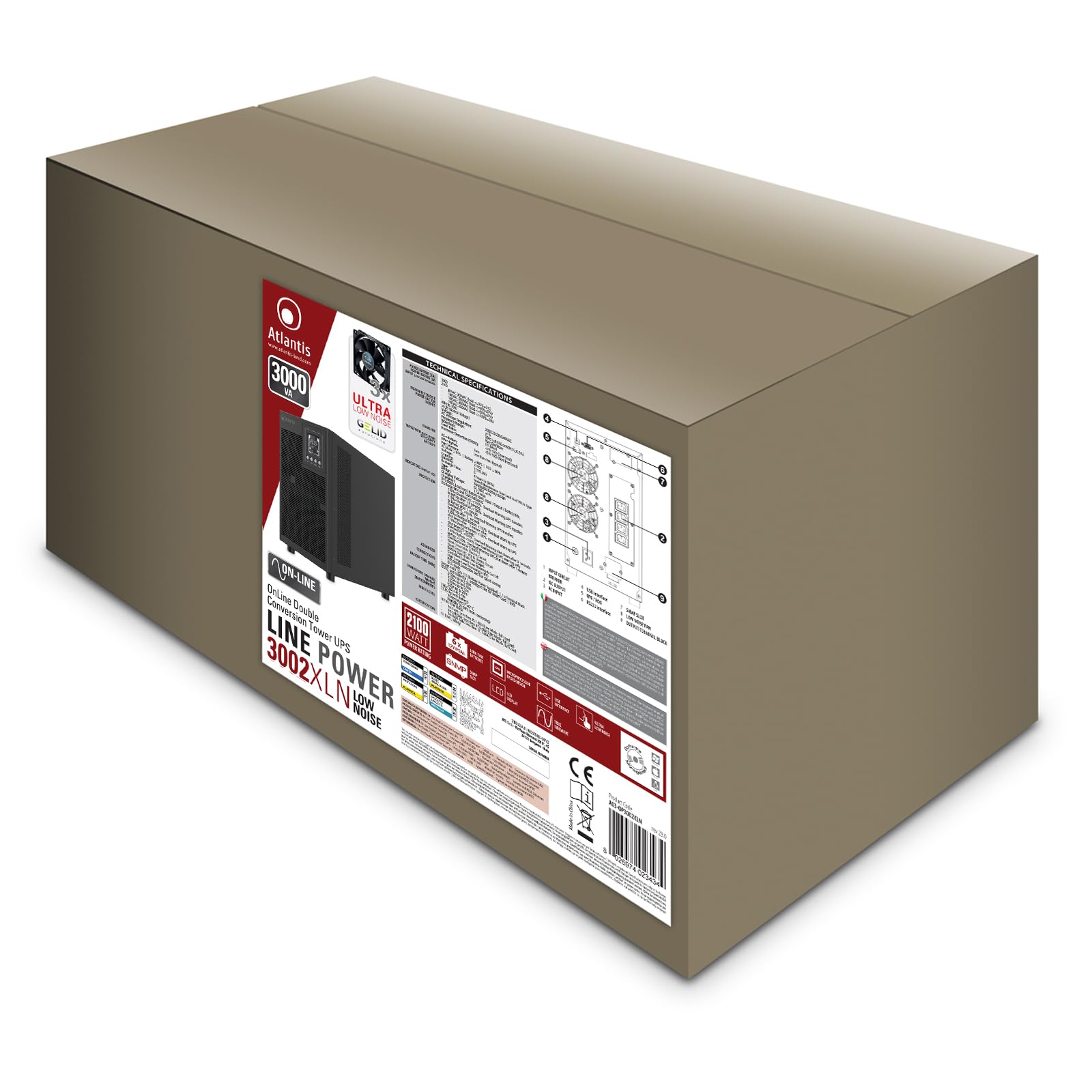 Atlantis A03-OP3002XLN UPS OnLine 75% Più Silenzioso Gruppo di Continuità Server Doppia conversione Onda Sinusoidale Pura 3000VA 2100W, Ventole Low Noise Gelid 31,3 dbA,USB,4 IEC, slot, 6x12V-9Ah