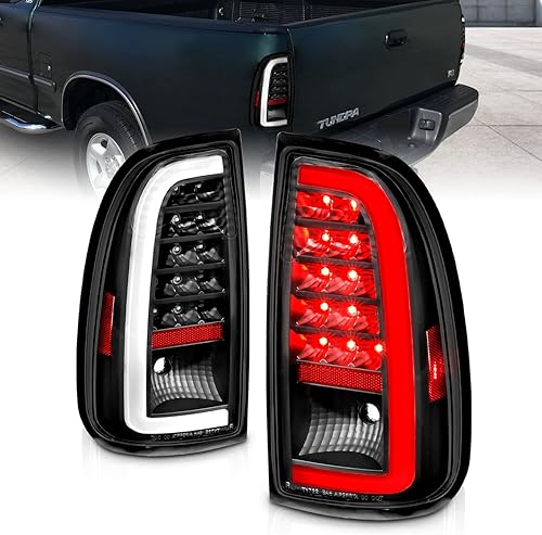 Miniatura 2 de AmeriLite Para Toyota Tundra Standard 2000-2006  Par de luces traseras de freno de repuesto negras de tubo LED tipo C de cabina de acceso, lado del