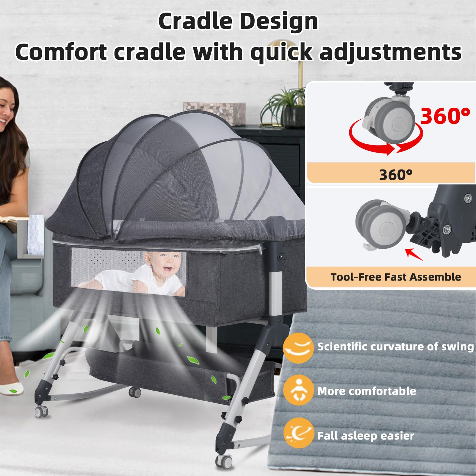 Lit Cododo Bébé Berceau Pliable et Réglable, 0-24Mois, 3 Hauteurs, Matelas Confort, Côtés en Filet, 4 Roues, Facile à Transporter (Gris foncé)