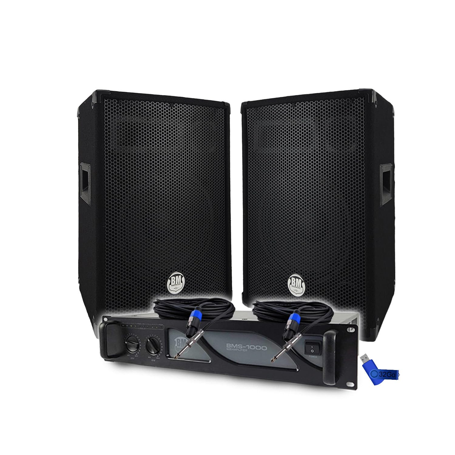 Pack Sono DJ BM Bmsonic Amplificateur BMS1000 1000W, Paire d'Enceintes Passives BMS10 2x400W, Câbles, Sonorisation Pro+Clé 32G
