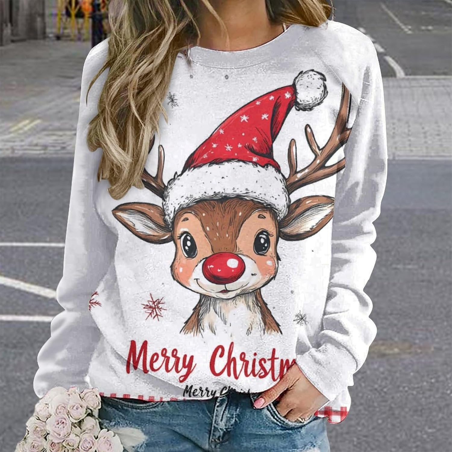 HOTYD Womens Cute Deer Print Christmas Sweatshirt Casual Long Sleeve Crew Neck Graphic Sweatshirt Oversized Pullover Tops - Image 2