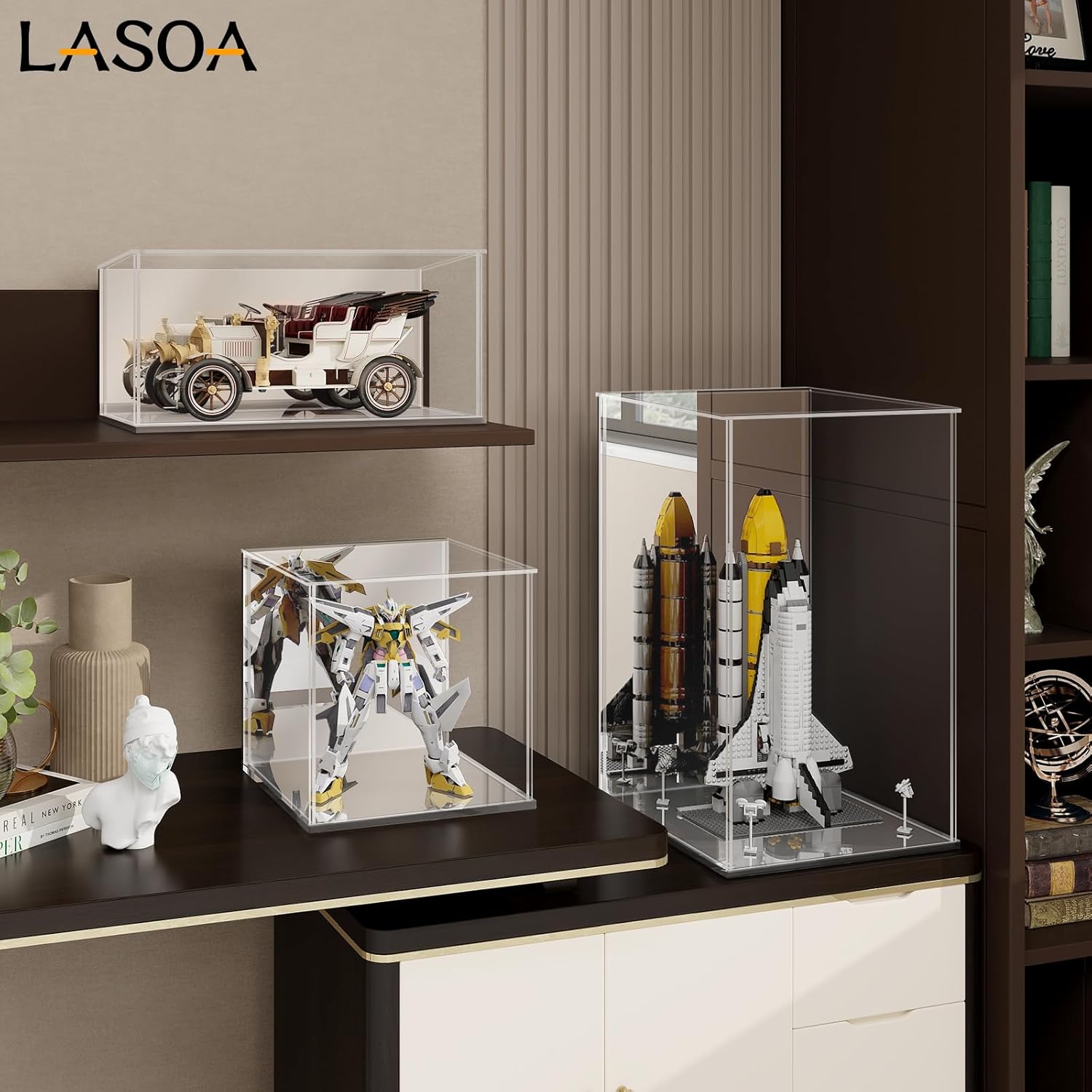 LASOA Acrylic Display Case for Collectibles – Clear Display Box with Mirrored Back and Base, Self-Assembly Showcase for Figurines, Models, and Memorabilia, 10x6x14inch