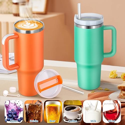 Miniatura 5 de Vaso aislado al vacío de acero inoxidable de 40 onzas con tapa y popote para agua, batidos y más, té helado o café (verde azulado)