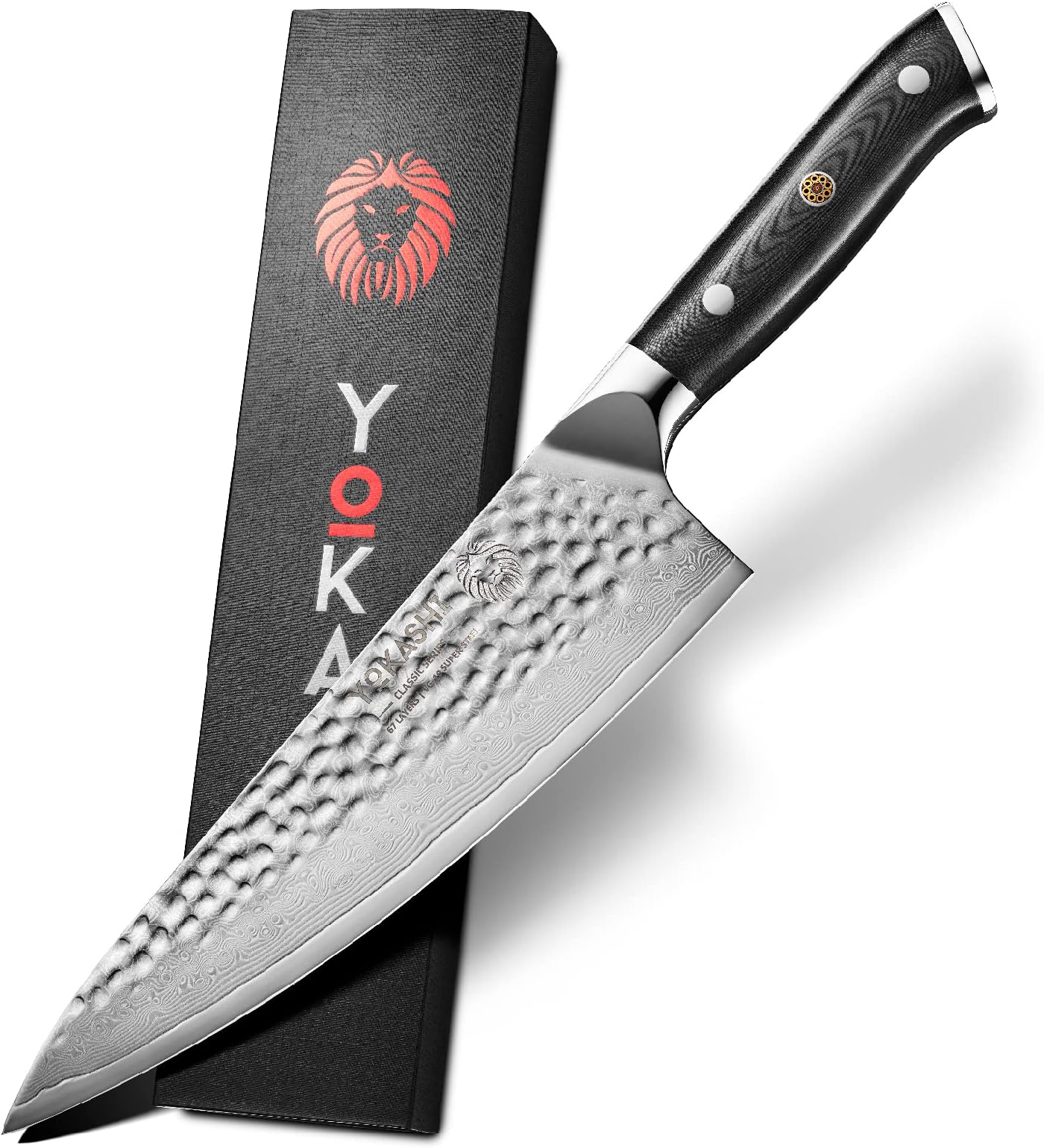 YOKASHI Japanese Damascus Chef Knife โ 8-Inch Professional VG-10 High-Carbon Steel Kitchen Knife โ Razor-Sharp Japanese Knife for Chefs and Home Cooks, Ideal for Chopping, Slicing, and Dicing