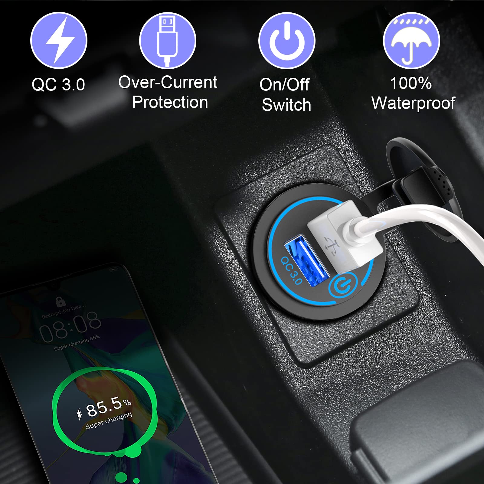 Presa USB Doppia QC3.0 Per Auto Con Interruttore Touch E LED Alone, 12V/24V 36W, Impermeabile E Con Protezioni Per Moto E Auto