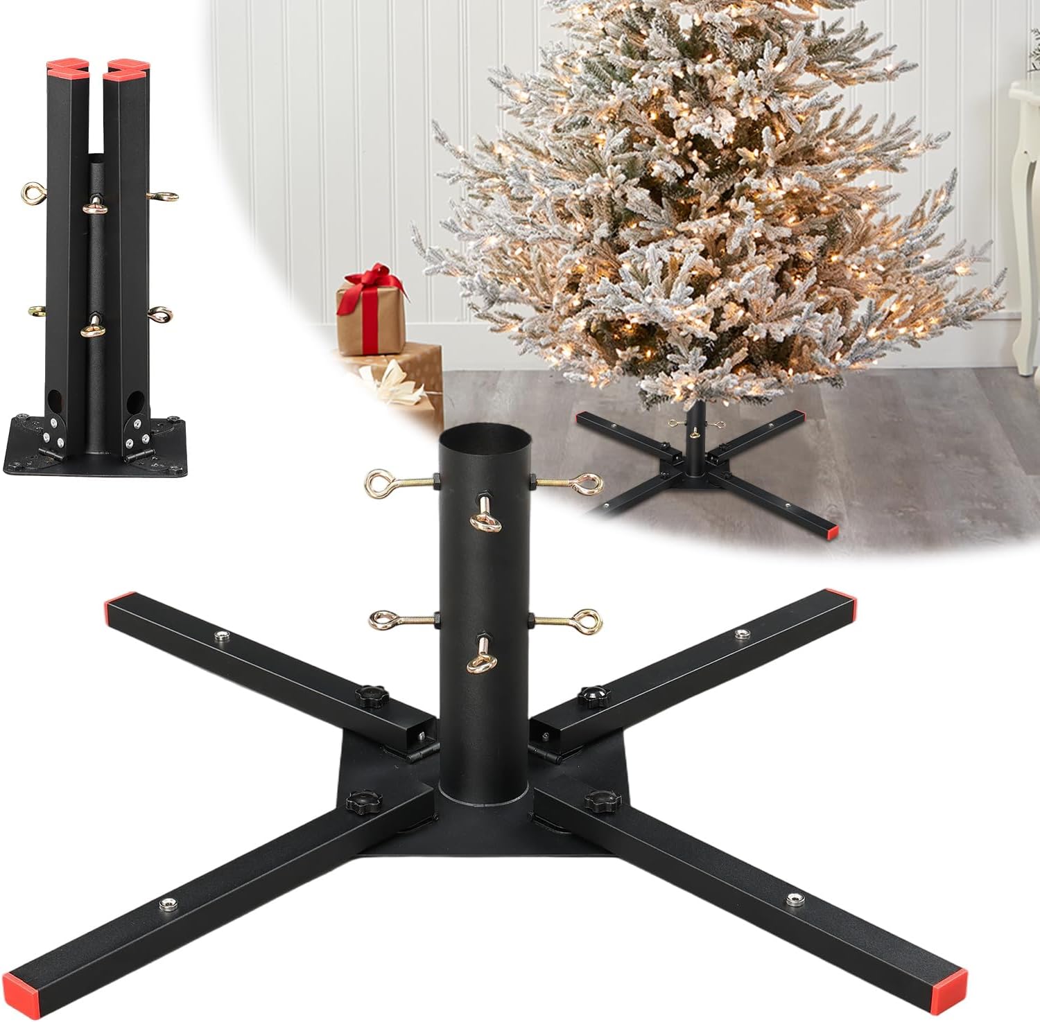 Christmas Tree Stand for 6-10 FT Trees with Magnetic Storage - Heavy Duty Metal Base, 4-Way Locking Screws, Scratch Resistant Matte Black Finish