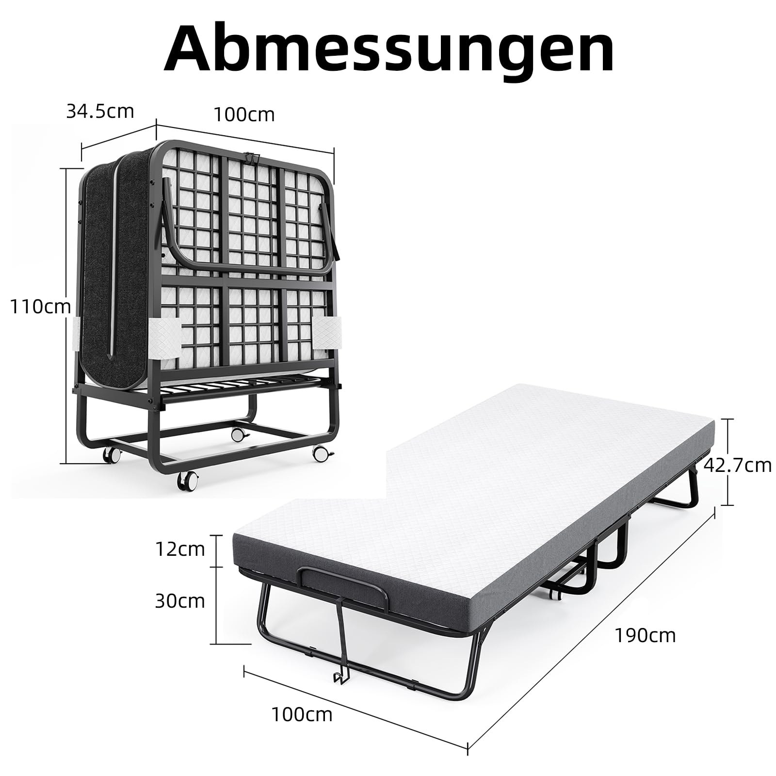 CAIYUN - Lettino pieghevole 190x100 cm (misura singola) con materasso in memory foam da 13 cm di alta qualità – Pratico letto da giorno e per gli ospiti per adulti, incl. rotelle e copertura