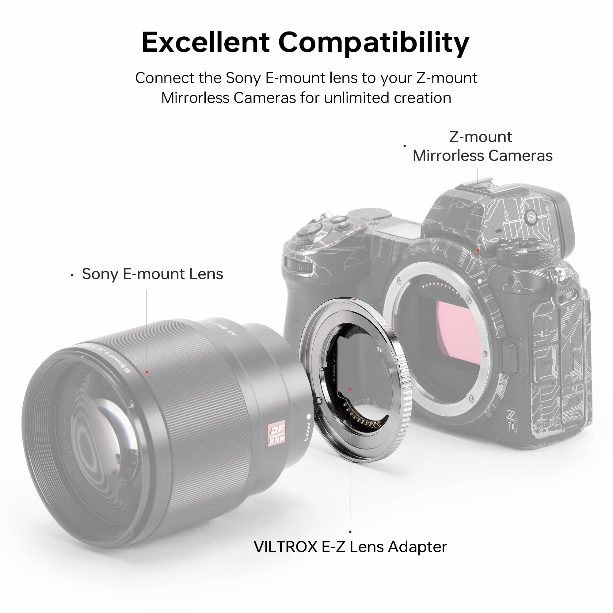 VILTROX E-Z Adattatore per obiettivo, convertitore per obiettivo autofocus Anello adattatore compatibile con obiettivi attacco E per fotocamere mirrorless Nikon attacco Z Z5 Z50 Z6 Z6II Z7 Z7II Zfc