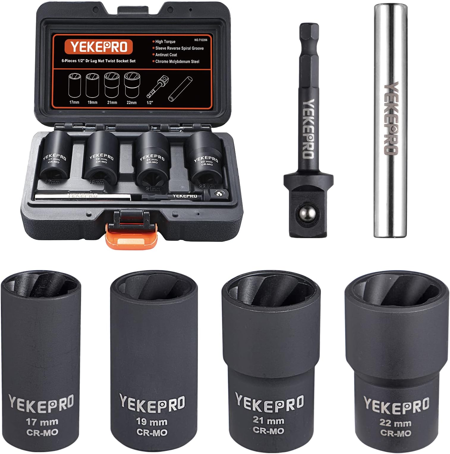 6 PCS Lug Nut Removal Tool, 1/2-inch Drive Impact Twist Socket Set & Bolt Extractor Set, 17,19,21,22MM Wheel Lock Removal Kit for Removing Damaged, Frozen, Rusted, Nuts & Screws, Cr-Mo Steel