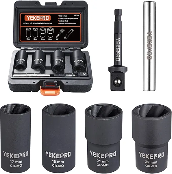 YEKEPRO 6 PCS Lug Nut Removal Tool, 1/2-inch Drive Impact Twist Socket Set & Bolt Extractor Set, 17,19,21,22MM Wheel Lock Removal Kit for Removing Damaged, Frozen, Rusted, Nuts & Screws, Cr-Mo Steel