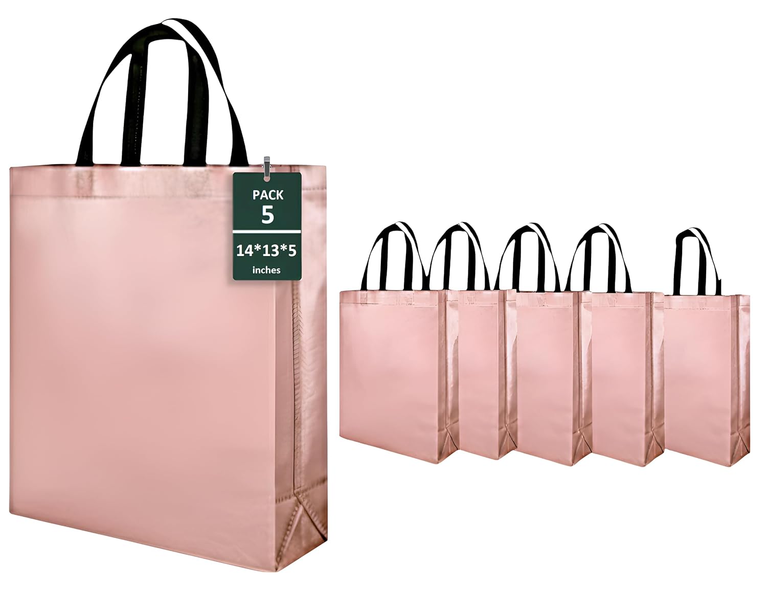 Rose Gold Metallic Bags with Handles (Pack of 5)-14x13x5 Inches,Reusable Non-woven Laminated Eco-Friendly Glossy Tote Bags for Wedding/Party Return Gift, Festive Hamper (Water-Resistant)