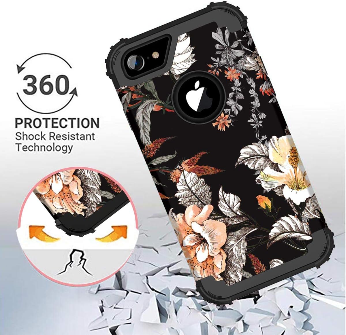Casetego Compatible with iPhone 8 Case,iPhone 7 Case,Floral Three Layer Heavy Duty Hybrid Sturdy Shockproof Full Body Protective Cover Case for Apple iPhone 8/7,Orange Flower/Black