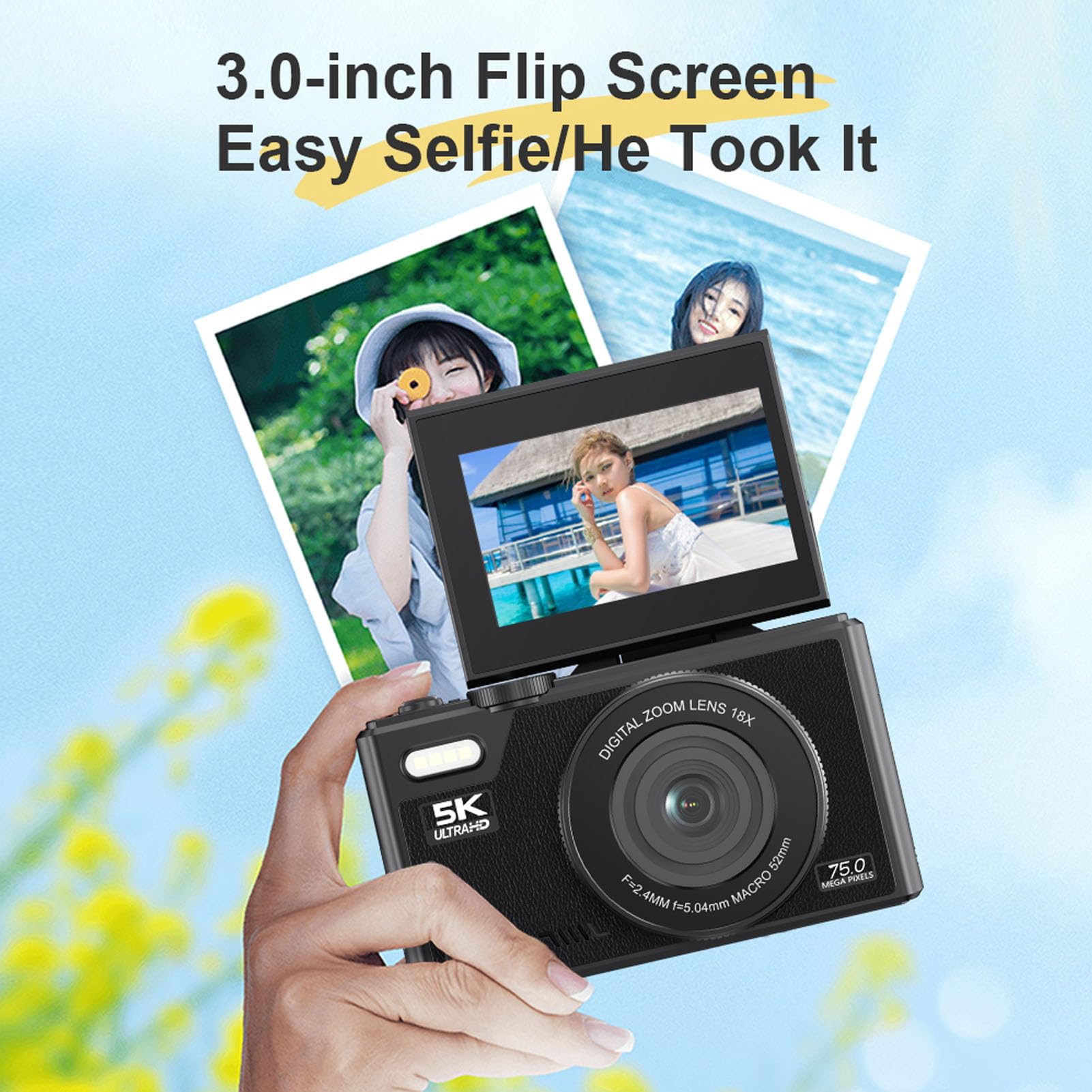 Jectse Fotocamera Digitale, 5K 75MP Anti-Shake Point And Shoot Camera con Schermo Flip da 3 Pollici a 180°, Piccola Fotocamera da Viaggio Compatta Flash Integrato per Bambini (Black)