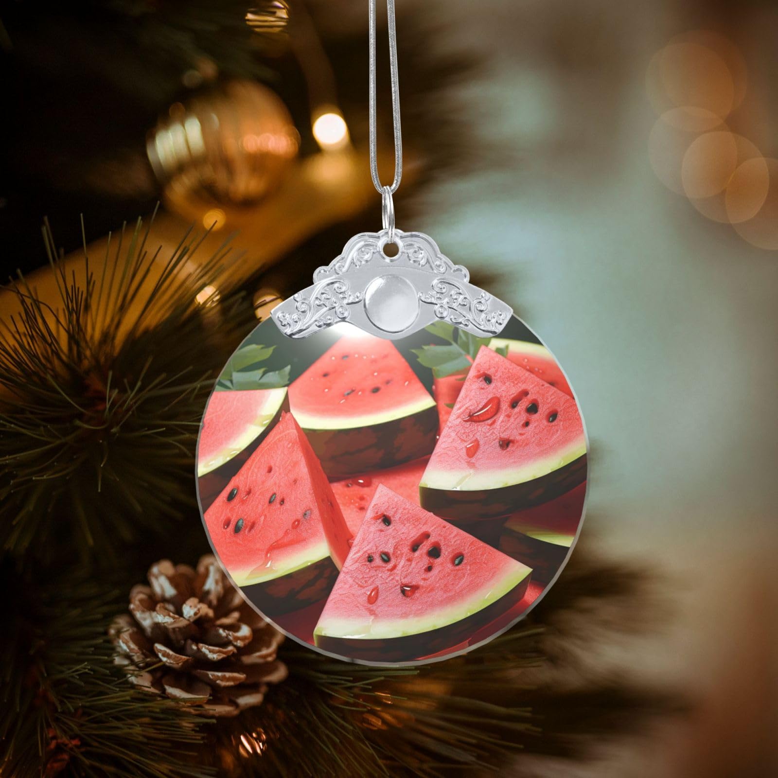 Crystal Christmas Ornaments for Christmas Tree Decoration Hanging Ripe Watermelon Slice Seeds Ornament with Gold Ribbon Crafts Round Pendant for Keepsake Gifts Glass Xmas Decor Party Supplies