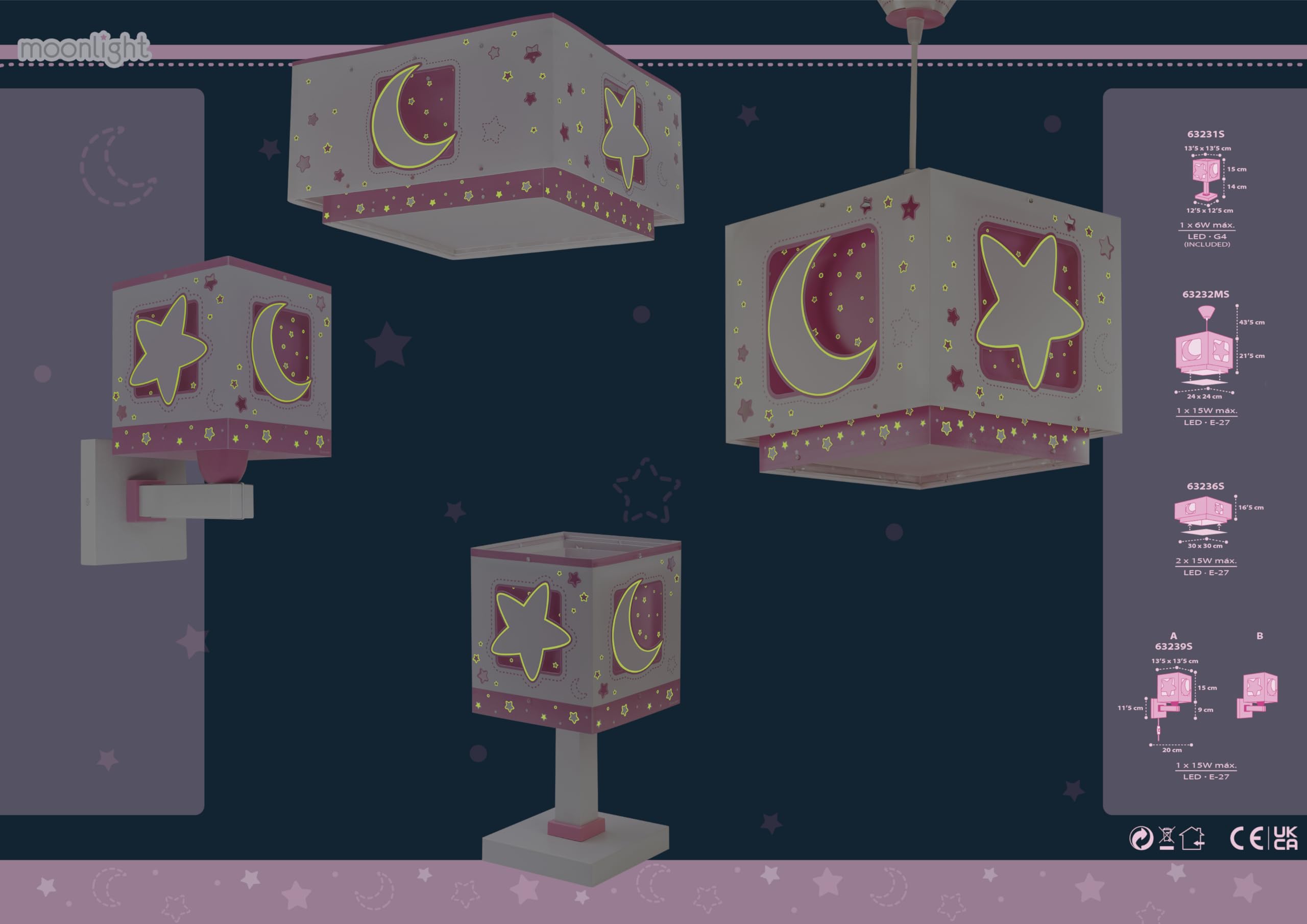 Dalber Lustre Chambre Lampe Suspension Plafonnier Pour Enfants, Moonlight lune et étoiles Rose, 63232MS, E27