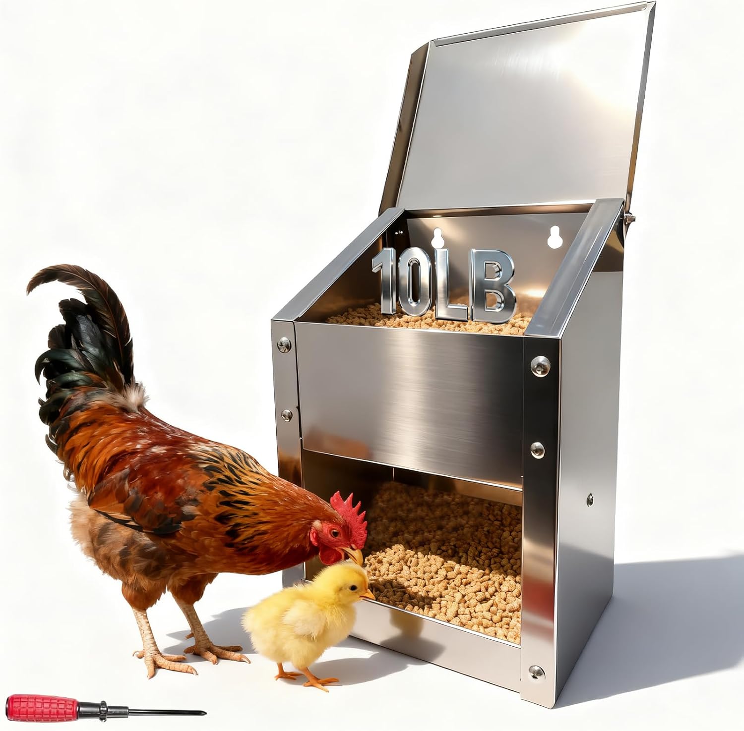 Poultry Feeder – Stainless Steel Chicken Feeder with Lid (10 Lbs Capacity for Wheat), Wall Mount Feeder for Chickens Ducks Goose Poultry Small Animal Outdoor, Automatic Gravity Food Dispenser