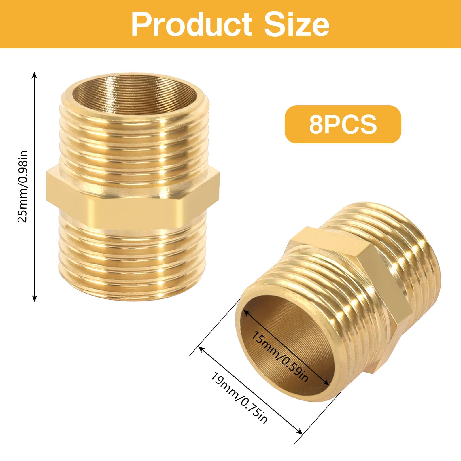 Złączka podwójna 1/2 cala (Ø 20 mm), 8 sztuk mosiężnych gwintów zewnętrznych, podwójna złączka sześciokątna, 1/2", mosiężna złączka gwintowana do ogrzewania instalacji wody pitnej, do projektów